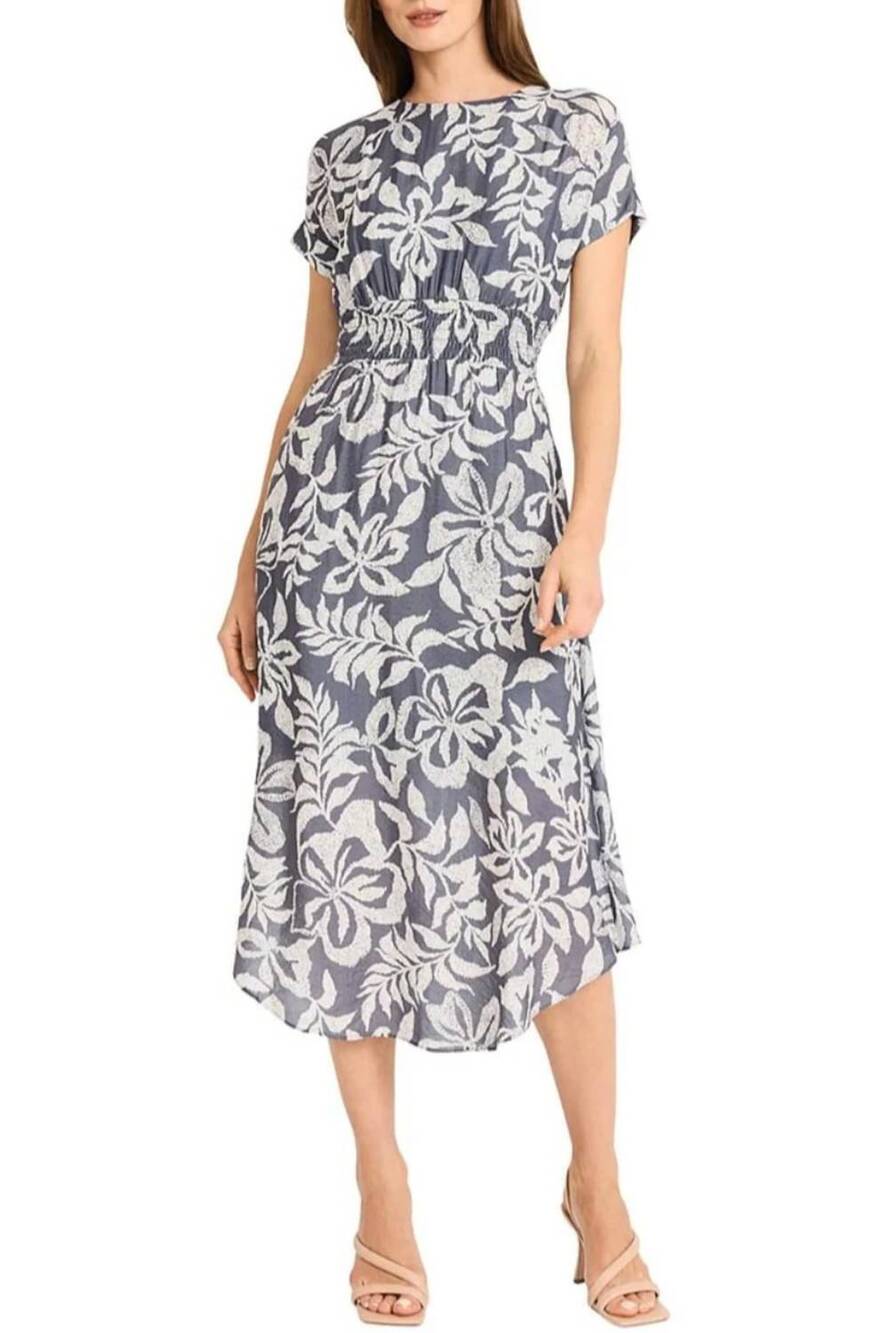 NEW MAGGY LONDON print cap sleeve midi dress in grey cream